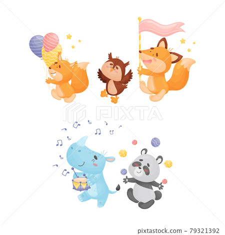 Cute Animals Carrying Flag, Juggling Balls and Playing Musical Instrument Vector Set Cute Animals Carrying Flag, Juggling Balls and Playing Musical Instrument Vector Set 79321392