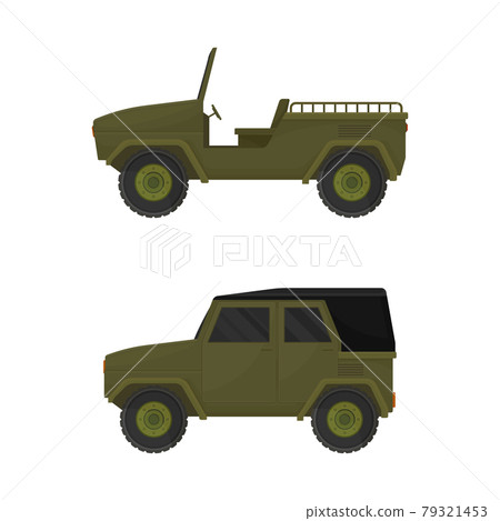 Military Car as Transportation Vehicle Used in Army for Carrying Armed Forces Vector Set 79321453