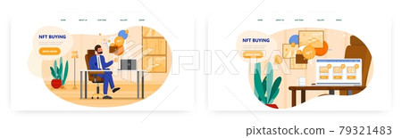 NFT buying landing page design, website banner vector template set. Collector buying NFT crypto art. Non-fungible token. NFT buying landing page design, website banner vector template set. Collector buying NFT crypto art. Non-fungible token. 79321483