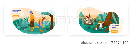 Couple picking mushrooms in forest, landing page design, website banner vector template. Outdoor autumn activity, hobby. Couple picking mushrooms in forest, landing page design, website banner vector template. Outdoor autumn activity, hobby. 79321503