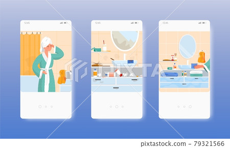 Messy and clean bathroom, before after cleaning. Mobile app screens, vector website banner template. UI, web site design 79321566