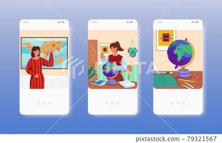 Geography teacher, map, globe. School education. Mobile app screens, vector website banner template. UI, web site design 79321567