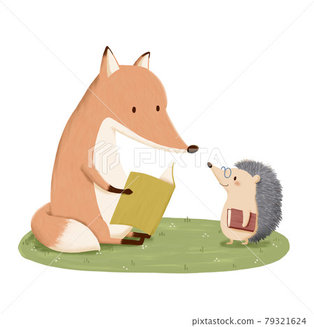Illustration of a fox and a hedgehog reading a book 79321624