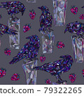 Crows and strawberries hand drawn vector seamless pattern. 79322265