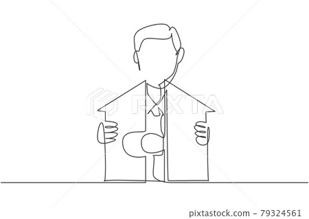 Continuous one line drawing young handsome male worker arrange piece of puzzle into house building. Success business manager minimalist concept. Single line draw design vector graphic illustration 79324561