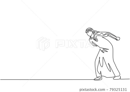 Single continuous line drawing of young Arab businessman walking with his hunchback body. Struggling professional manager. Minimalism concept dynamic one line draw graphic design vector illustration Single continuous line drawing of young Arab businessman walking with his hunchback body. Struggling professional manager. Minimalism concept dynamic one line draw graphic design vector illustration 79325131