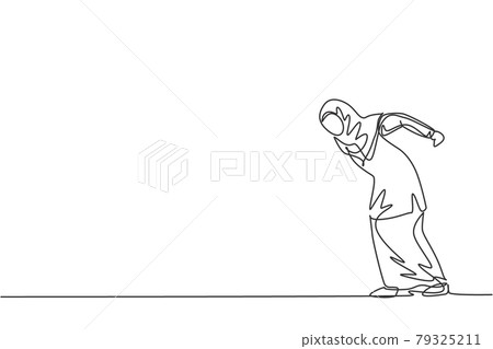 Single continuous line drawing of young angry female Arab entrepreneur make butting gesture ready to hit obstacle. Minimalism metaphor concept dynamic one line draw graphic design vector illustration 79325211