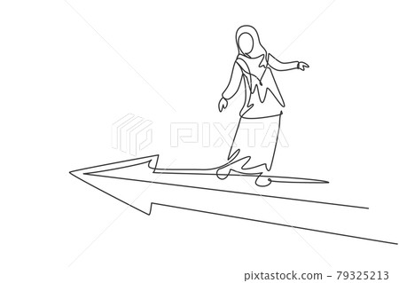 Single continuous line drawing of young professional female Arab entrepreneur flying ride forward progress arrow. Minimalism metaphor concept dynamic one line draw graphic design vector illustration Single continuous line drawing of young professional female Arab entrepreneur flying ride forward progress arrow. Minimalism metaphor concept dynamic one line draw graphic design vector illustration 79325213