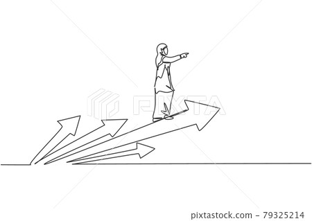 Single continuous line drawing young professional female Arab entrepreneur riding arrow and flying. Minimalism business growth metaphor concept dynamic one line draw graphic design vector illustration Single continuous line drawing young professional female Arab entrepreneur riding arrow and flying. Minimalism business growth metaphor concept dynamic one line draw graphic design vector illustration 79325214