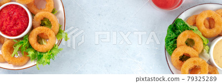 Calamari rings panorama. Squid rings panoramic banner with green salad Calamari rings panorama. Squid rings panoramic banner with green salad 79325289