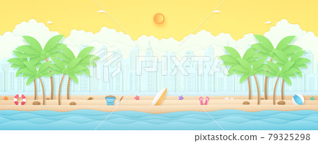 Summer Time, tropical landscape, wavy sea with coconut trees and summer stuff on beach, cityscape and cloud background, bright sun and sunny sky, paper art style Summer Time, tropical landscape, wavy sea with coconut trees and summer stuff on beach, cityscape and cloud background, bright sun and sunny sky, paper art style 79325298