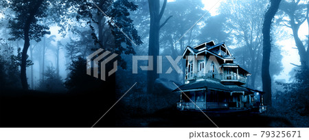 Haunted house. Old abandoned house in the night forest 79325671