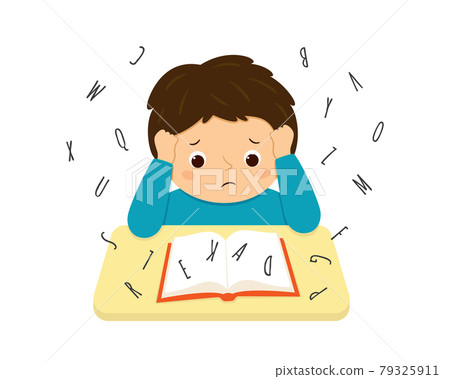 Child suffering with dyslexia is having difficulty in reading a book. Stressed little boy doing hard homework on the desk. Dyslexia disorder concept. Vector illustration isolated on white background Child suffering with dyslexia is having difficulty in reading a book. Stressed little boy doing hard homework on the desk. Dyslexia disorder concept. Vector illustration isolated on white background 79325911