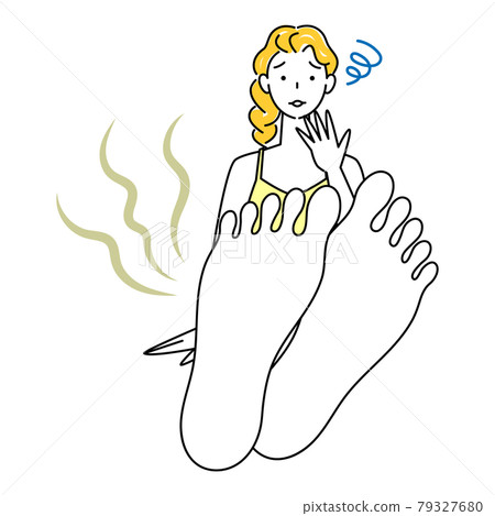 Skin care A cute woman who is surprised and sad because her feet are stinky. 79327680