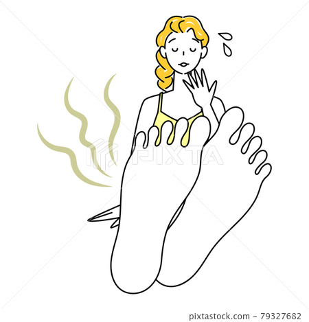 護膚 一個可愛的女人，因為她的腳臭而感到驚訝和悲傷。 79327682