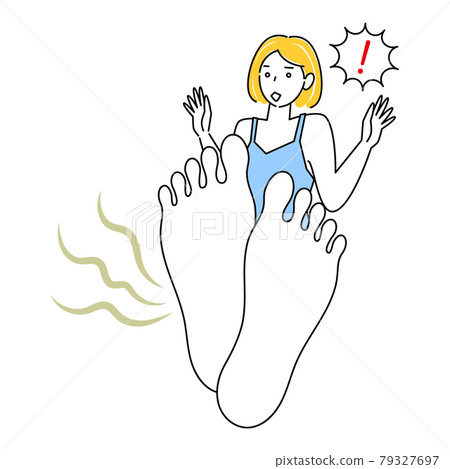 Skin care A cute woman who is surprised and sad because her feet are stinky. 79327697
