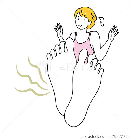 Skin care A cute woman who is surprised and sad because her feet are stinky. 79327704