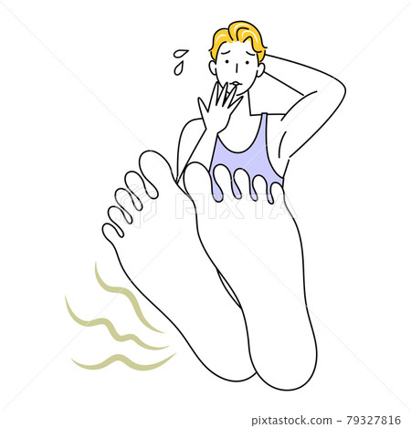 Skin care A cute man who is surprised and sad because his feet are stinky. Illustration vector of the soles of his feet. Skin care A cute man who is surprised and sad because his feet are stinky. Illustration vector of the soles of his feet. 79327816