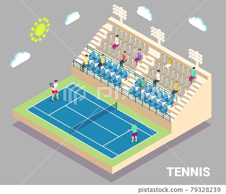 Isometric tennis stadium with outdoor court and tribune. Sport field with players and fans, flat vector illustration. Isometric tennis stadium with outdoor court and tribune. Sport field with players and fans, flat vector illustration. 79328239