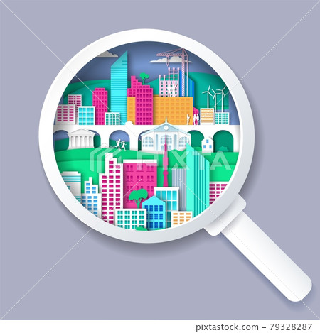 Magnifying glass with city elements inside, vector illustration in paper art style. Search for house, real estate. 79328287