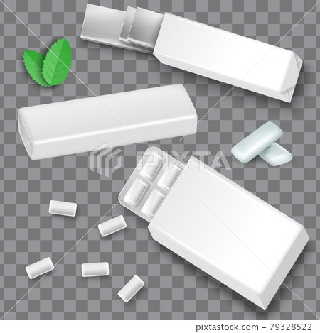 White blank bubble gum package mockup set, green mint leaves, falling bubblegums, vector isolated illustration. 79328522