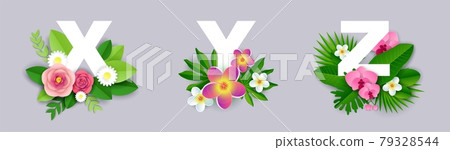 Floral alphabet, vector paper cut illustration. X, Y, Z English capital letters with exotic tropical leaves and flowers. Floral alphabet, vector paper cut illustration. X, Y, Z English capital letters with exotic tropical leaves and flowers. 79328544