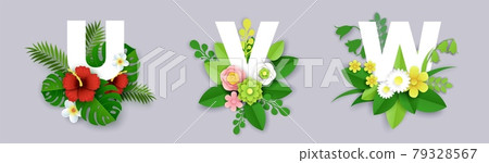 Floral alphabet, vector paper cut illustration. U, V, W English capital letters with exotic tropical leaves and flowers. 79328567