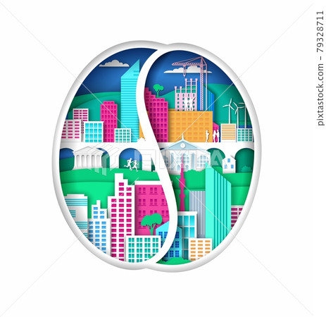 Coffee bean silhouette with modern eco friendly city elements, vector illustration in paper art style. Coffee takeaway 79328711