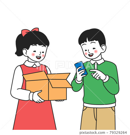 smiling girl and boy character mobile shopping concept 79329264