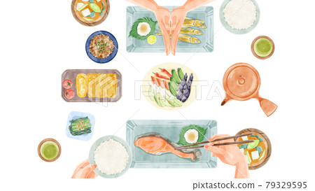 日式早餐(日本料理)餐桌風景手繪水彩風格插畫 日式早餐(日本料理)餐桌風景手繪水彩風格插畫 79329595