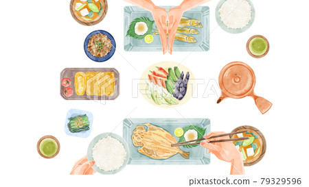 Japanese breakfast (Japanese food) dining table landscape hand-painted watercolor style illustration 79329596