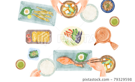 日式早餐(日本料理)餐桌風景手繪水彩風格插畫 日式早餐(日本料理)餐桌風景手繪水彩風格插畫 79329598