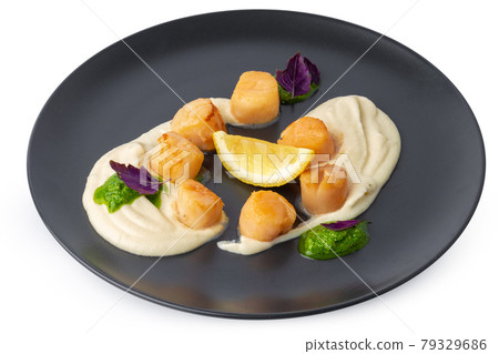 Cooked scallops in creamy sauce on black plate isolated on white 79329686