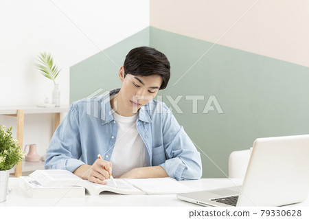 untact online education, Asian man college student studying with laptop untact online education, Asian man college student studying with laptop 79330628