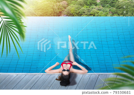 beautiful Asian women in bikini enjoying hotel swimming pool vacation 79330681