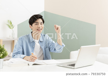untact online education, Asian man college student studying with laptop untact online education, Asian man college student studying with laptop 79330750