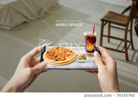 mobile services in untact era concept, mobile food ordering Pizza mobile services in untact era concept, mobile food ordering Pizza 79330760