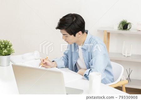 untact online education, Asian man college student studying with laptop untact online education, Asian man college student studying with laptop 79330908