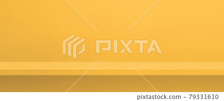 Empty shelf on a yellow wall. Background template. Horizontal banner Empty shelf on a yellow wall. Background template. Horizontal banner 79331610