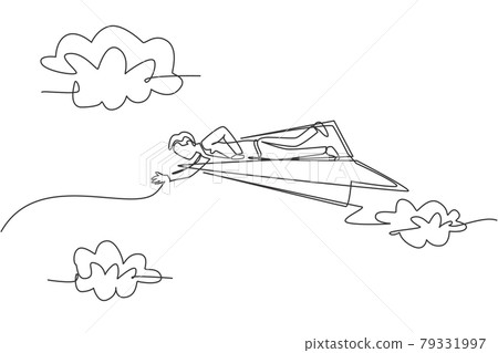 Single one line drawing of young smart business man lay down on flying paper airplane to reach sky. Business metaphor concept. Modern continuous line draw. Minimal design graphic vector illustration 79331997