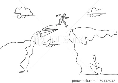 Single continuous line drawing young business man jumping from paper airplane to cross a mount. Professional businessman metaphor concept. Minimalism one line draw. Graphic design vector illustration Single continuous line drawing young business man jumping from paper airplane to cross a mount. Professional businessman metaphor concept. Minimalism one line draw. Graphic design vector illustration 79332032