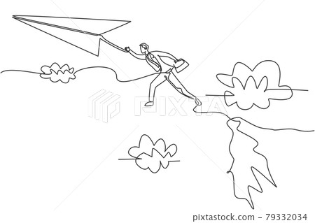 Single continuous line drawing young business man jumping from top mount to reach flying paper airplane. Business metaphor concept. Minimalism dynamic one line draw. Graphic design vector illustration Single continuous line drawing young business man jumping from top mount to reach flying paper airplane. Business metaphor concept. Minimalism dynamic one line draw. Graphic design vector illustration 79332034