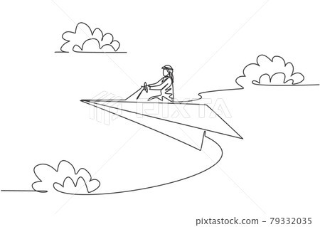 Continuous one line drawing of young Arab male worker flying with paper plane doing business trip. Success manager minimalist metaphor concept. Single line draw design vector graphic illustration Continuous one line drawing of young Arab male worker flying with paper plane doing business trip. Success manager minimalist metaphor concept. Single line draw design vector graphic illustration 79332035