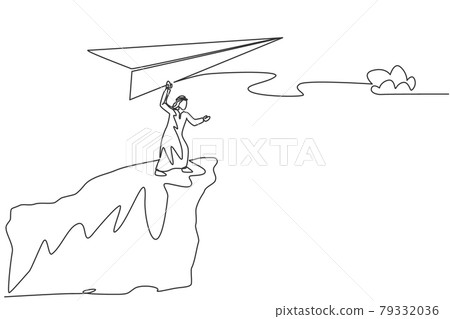 Single one line drawing of young Arabian business man fly paper plane from top of mountain. Business vision minimal metaphor concept. Modern continuous line draw design graphic vector illustration Single one line drawing of young Arabian business man fly paper plane from top of mountain. Business vision minimal metaphor concept. Modern continuous line draw design graphic vector illustration 79332036