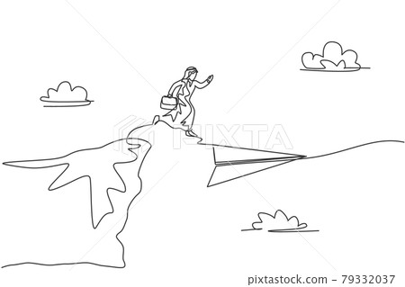 Single continuous line drawing young Arabian business man jumping from top of mountain to flying paper plane. Minimalism metaphor concept. Dynamic one line draw graphic design vector illustration Single continuous line drawing young Arabian business man jumping from top of mountain to flying paper plane. Minimalism metaphor concept. Dynamic one line draw graphic design vector illustration 79332037