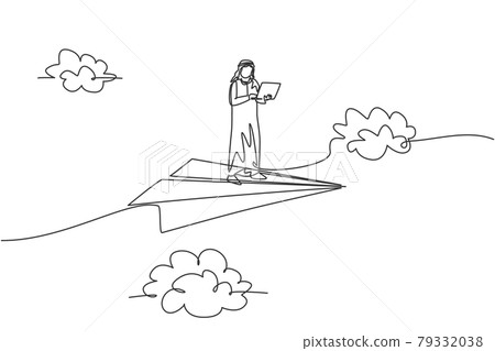 Continuous one line drawing young Arab male worker standing and holding laptop on flying paper plane. Business manager minimalist metaphor concept. Single line draw design vector graphic illustration Continuous one line drawing young Arab male worker standing and holding laptop on flying paper plane. Business manager minimalist metaphor concept. Single line draw design vector graphic illustration 79332038