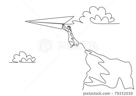 Single one line drawing of young Arabian business man jumping from cliff top to reach paper airplane. Business vision metaphor concept. Modern continuous line draw design graphic vector illustration Single one line drawing of young Arabian business man jumping from cliff top to reach paper airplane. Business vision metaphor concept. Modern continuous line draw design graphic vector illustration 79332039