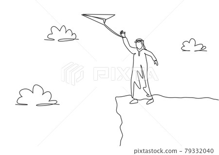 Single continuous line drawing young Arab business man waving hand to flying paper plane from top of mountain. Minimalism metaphor concept. Dynamic one line draw graphic design vector illustration Single continuous line drawing young Arab business man waving hand to flying paper plane from top of mountain. Minimalism metaphor concept. Dynamic one line draw graphic design vector illustration 79332040