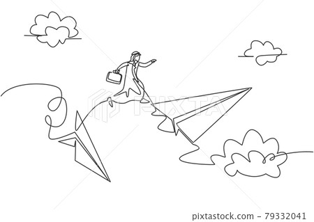Continuous one line drawing young Arab male worker jumping from crash paper plan and saving himself. Business challenge minimalist metaphor concept. Single line draw design vector graphic illustration 79332041