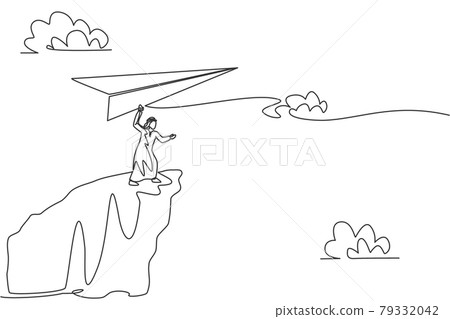 Single continuous line drawing young Arab business man fly paper plane from top of mountain. Professional manager. Minimalism metaphor concept. Dynamic one line draw graphic design vector illustration Single continuous line drawing young Arab business man fly paper plane from top of mountain. Professional manager. Minimalism metaphor concept. Dynamic one line draw graphic design vector illustration 79332042